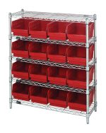 The Quantum Bin Wire Shelving Center features a chrome-plated design with five shelves and 16 open-front QSB207 red bins. Measuring 12D x 36W x 39H, each shelf holds up to 800 lbs. It ships KD for easy assembly, making it a perfect storage solution.