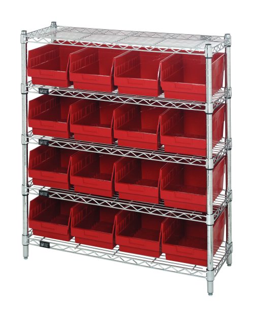 The Quantum Bin Wire Shelving Center features a chrome-plated design with five shelves and 16 open-front QSB207 red bins. Measuring 12D x 36W x 39H, each shelf holds up to 800 lbs. It ships KD for easy assembly, making it a perfect storage solution.