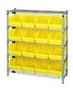 This tough Quantum Bin Wire Shelving Center includes five chrome-plated shelves, 16 QSB207 yellow bins, and measures 12D x 36W x 39H. With an 800 lbs capacity per shelf and shipped KD, it offers well-organized storage with a robust metal frame.