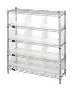 The Quantum Bin Wire Shelving Center is a durable, chrome-plated metal unit shipped KD. It features five shelves and twelve QSB209 clear bins, offering excellent airflow, visibility, and easy contents access with an 800 lbs capacity per shelf.