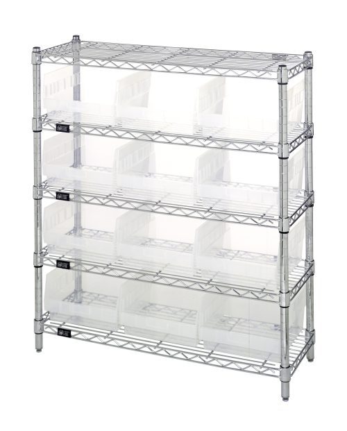 The Quantum Bin Wire Shelving Center is a durable, chrome-plated metal unit shipped KD. It features five shelves and twelve QSB209 clear bins, offering excellent airflow, visibility, and easy contents access with an 800 lbs capacity per shelf.
