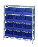 The Quantum Bin Wire Shelving Center features a chrome-plated finish with five shelves, each supporting up to 800 lbs, and includes twelve QSB209 blue bins. It measures 12D x 36W x 39H and is ideal for efficient item storage and organization.
