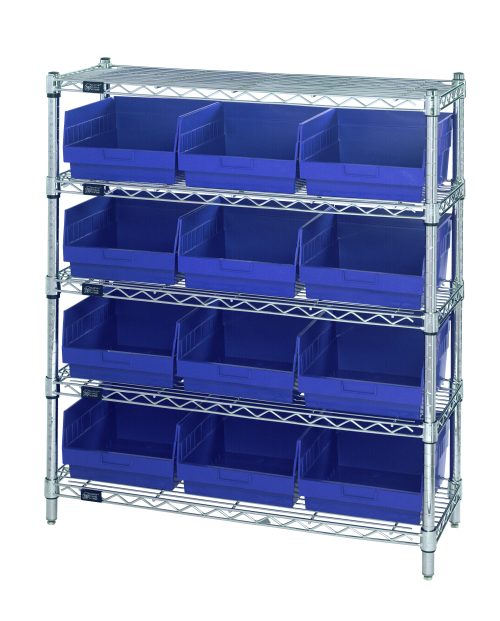 The Quantum Bin Wire Shelving Center features a chrome-plated finish with five shelves, each supporting up to 800 lbs, and includes twelve QSB209 blue bins. It measures 12D x 36W x 39H and is ideal for efficient item storage and organization.