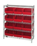 The Quantum Bin Wire Shelving Center features a chrome-plated finish for durability and style, measures 12D x 36W x 39H, and includes five shelves supporting up to 800 lbs each. It comes with twelve QSB209 red bins that are front-open for easy access, offering an industrial look against a white background.