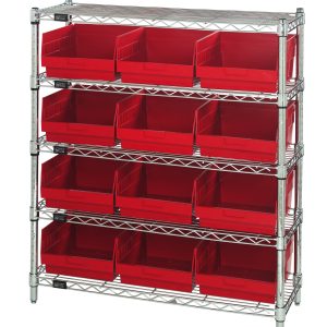 The Quantum Bin Wire Shelving Center features a chrome-plated finish for durability and style, measures 12D x 36W x 39H, and includes five shelves supporting up to 800 lbs each. It comes with twelve QSB209 red bins that are front-open for easy access, offering an industrial look against a white background.