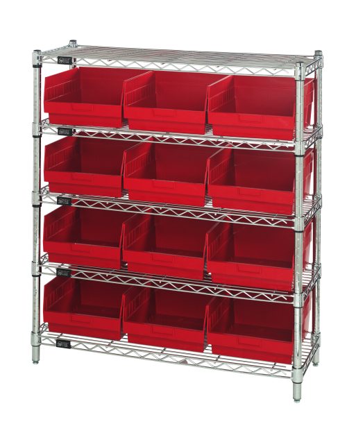 The Quantum Bin Wire Shelving Center features a chrome-plated finish for durability and style, measures 12D x 36W x 39H, and includes five shelves supporting up to 800 lbs each. It comes with twelve QSB209 red bins that are front-open for easy access, offering an industrial look against a white background.