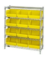 The Quantum Bin Wire Shelving Center, with a chrome-plated finish, includes five shelves and 12 QSB209 yellow bins. Each open-front bin ensures easy access for efficient organization and storage. The unit measures 12D x 36W x 39H and holds up to 800 lbs per shelf, shipped knocked down (KD).