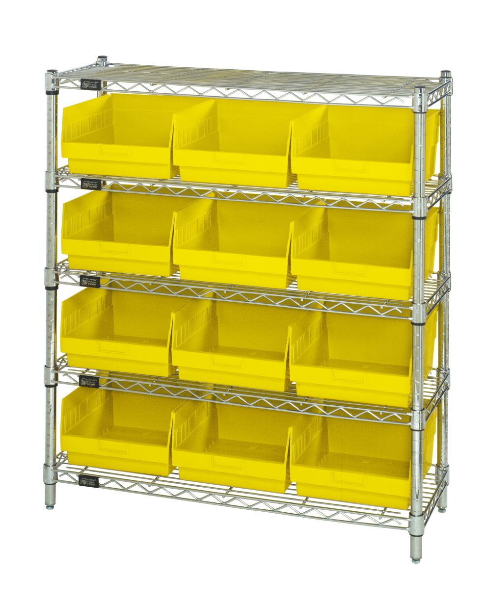 Compact bin center with yellow shelf bins on a chrome wire frame