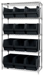 The Quantum Bin Wire Shelving System, measuring 42W x 18D x 74H with a chrome-plated finish, holds up to 800 lbs per shelf. It includes five shelves and twelve QMS533 large black bins on a pristine white background.
