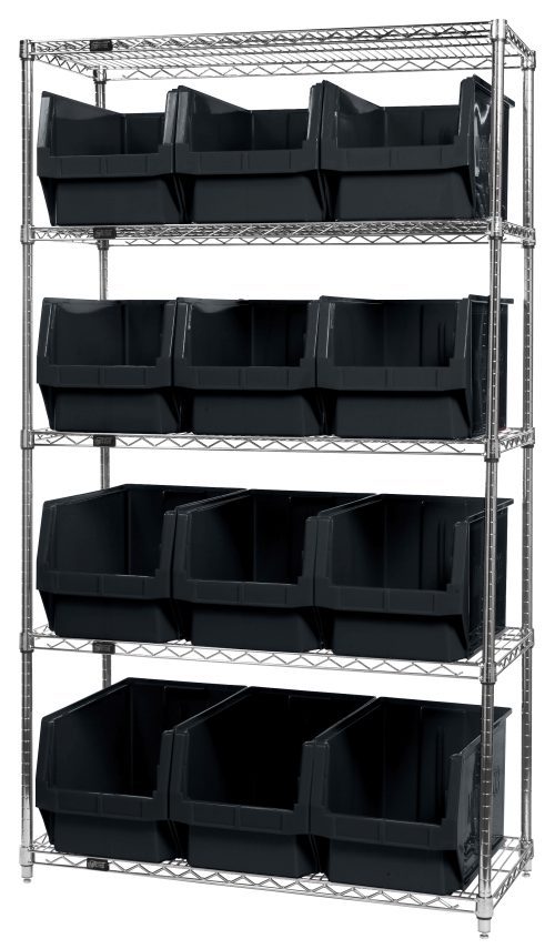 WR5-533_BK.jpg The Quantum Bin Wire Shelving System, measuring 42W x 18D x 74H with a chrome-plated finish, holds up to 800 lbs per shelf. It includes five shelves and twelve QMS533 large black bins on a pristine white background.