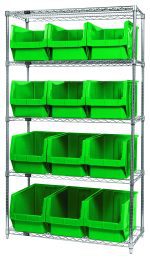 The Quantum Bin Wire Shelving System features a chrome-plated finish with dimensions of 42W x 18D x 74H and an 800 lbs load capacity per shelf. It includes five shelves and twelve QMS533 bright green bins, complementing its industrial design.