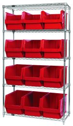 The Quantum Bin Wire Shelving System, measuring 42W x 18D x 74H, includes five chrome-plated shelves supporting twelve Qms533 red bins and boasts an impressive 800 lbs load capacity per shelf, offering robust organization with a sleek design.