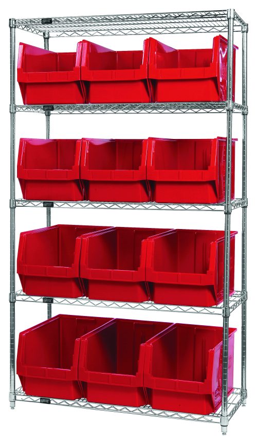 The Quantum Bin Wire Shelving System, measuring 42W x 18D x 74H, includes five chrome-plated shelves supporting twelve Qms533 red bins and boasts an impressive 800 lbs load capacity per shelf, offering robust organization with a sleek design.