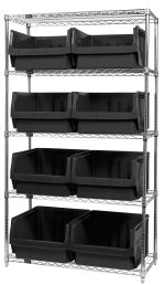 The Quantum Bin Wire Shelving System, featuring a chrome-plated finish and shipped KD, includes five evenly spaced shelves with an 800 lbs load capacity each, supporting eight QMS543 black bins. It measures 42W x 18D x 74H.