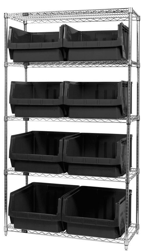 The Quantum Bin Wire Shelving System, featuring a chrome-plated finish and shipped KD, includes five evenly spaced shelves with an 800 lbs load capacity each, supporting eight QMS543 black bins. It measures 42W x 18D x 74H.
