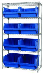 The Quantum Bin Wire Shelving System, with a chrome-plated finish, features five shelves each holding 800 lbs and includes eight large QMS543 blue bins for efficient storage and organization. Dimensions: 42W x 18D x 74H. It ships unassembled (KD).