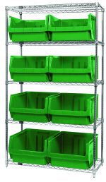 The Quantum Bin Wire Shelving System, measuring 42W x 18D x 74H, features five chrome-plated wire shelves supporting up to 800 lbs each. It includes eight QMS543 bright green bins and ships KD.