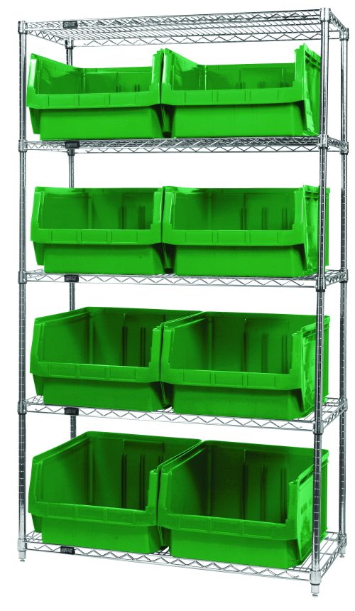 The Quantum Bin Wire Shelving System, measuring 42W x 18D x 74H, features five chrome-plated wire shelves supporting up to 800 lbs each. It includes eight QMS543 bright green bins and ships KD.