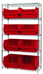 The Quantum Bin Wire Shelving System has a chrome-plated finish, five shelves each with an 800 lbs load capacity, and includes eight large red Qms543 bins. Measuring 42W x 18D x 74H and shipped KD, its open at the top for easy access, making it perfect for storage and organization.