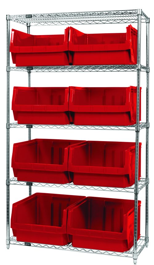 The Quantum Bin Wire Shelving System has a chrome-plated finish, five shelves each with an 800 lbs load capacity, and includes eight large red Qms543 bins. Measuring 42W x 18D x 74H and shipped KD, its open at the top for easy access, making it perfect for storage and organization.