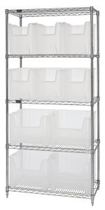 The Quantum Bin Wire Shelving System measures 36W x 18D x 74H with a chrome-plated finish. It holds 800 lbs per shelf, featuring five shelves and includes six QGH600 and four QGH800 clear bins. Shipped KD, this unit is perfect for organized storage with its sleek metal design.