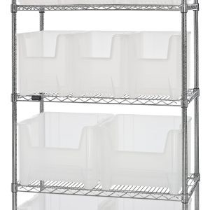 The Quantum Bin Wire Shelving System measures 36W x 18D x 74H with a chrome-plated finish. It holds 800 lbs per shelf, featuring five shelves and includes six QGH600 and four QGH800 clear bins. Shipped KD, this unit is perfect for organized storage with its sleek metal design.