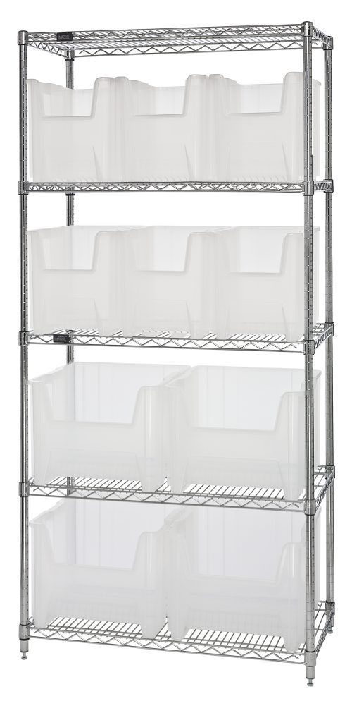 The Quantum Bin Wire Shelving System measures 36W x 18D x 74H with a chrome-plated finish. It holds 800 lbs per shelf, featuring five shelves and includes six QGH600 and four QGH800 clear bins. Shipped KD, this unit is perfect for organized storage with its sleek metal design.