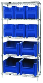 Introducing the Quantum Bin Wire Shelving System: a 36W x 18D x 74H chrome-plated unit with five shelves, supporting up to 800 lbs per shelf. It includes six QGH600 and four QGH800 blue bins, providing organized storage for your needs.