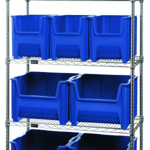 Introducing the Quantum Bin Wire Shelving System: a 36W x 18D x 74H chrome-plated unit with five shelves, supporting up to 800 lbs per shelf. It includes six QGH600 and four QGH800 blue bins, providing organized storage for your needs.