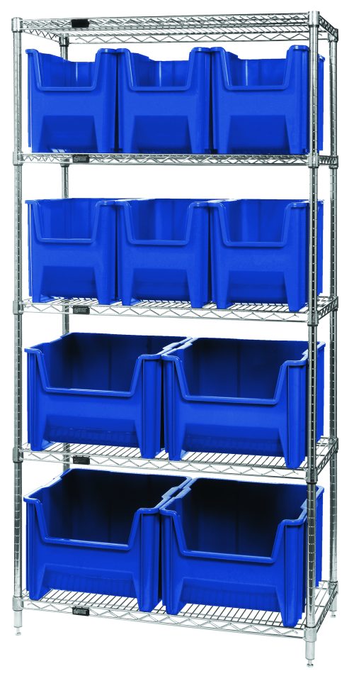Introducing the Quantum Bin Wire Shelving System: a 36W x 18D x 74H chrome-plated unit with five shelves, supporting up to 800 lbs per shelf. It includes six QGH600 and four QGH800 blue bins, providing organized storage for your needs.
