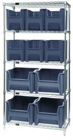 Meet the Quantum Bin Wire Shelving System: a 36W x 18D x 74H chrome-plated unit with five shelves, each supporting up to 800 lbs. It includes six QGH600 and four QGH800 gray bins for superior storage. The sturdy structure ships conveniently KD.