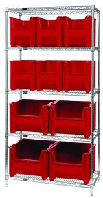 The Quantum Bin Wire Shelving System, measuring 36W x 18D x 74H with a load capacity of 800 lbs per shelf, includes five chrome-plated shelves and ten red bins (six QGH600 and four QGH800). This efficient storage solution ships KD.