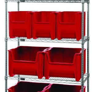 The Quantum Bin Wire Shelving System, measuring 36W x 18D x 74H with a load capacity of 800 lbs per shelf, includes five chrome-plated shelves and ten red bins (six QGH600 and four QGH800). This efficient storage solution ships KD.