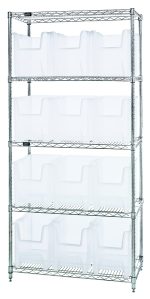The Quantum Bin Wire Shelving System, 36W x 18D x 74H, features five shelves and twelve QGH600 clear bins. It has a chrome-plated finish, adjustable feet, and supports up to 800 lbs per shelf. Shipped KD for easy assembly.