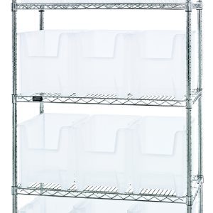 The Quantum Bin Wire Shelving System, 36W x 18D x 74H, features five shelves and twelve QGH600 clear bins. It has a chrome-plated finish, adjustable feet, and supports up to 800 lbs per shelf. Shipped KD for easy assembly.