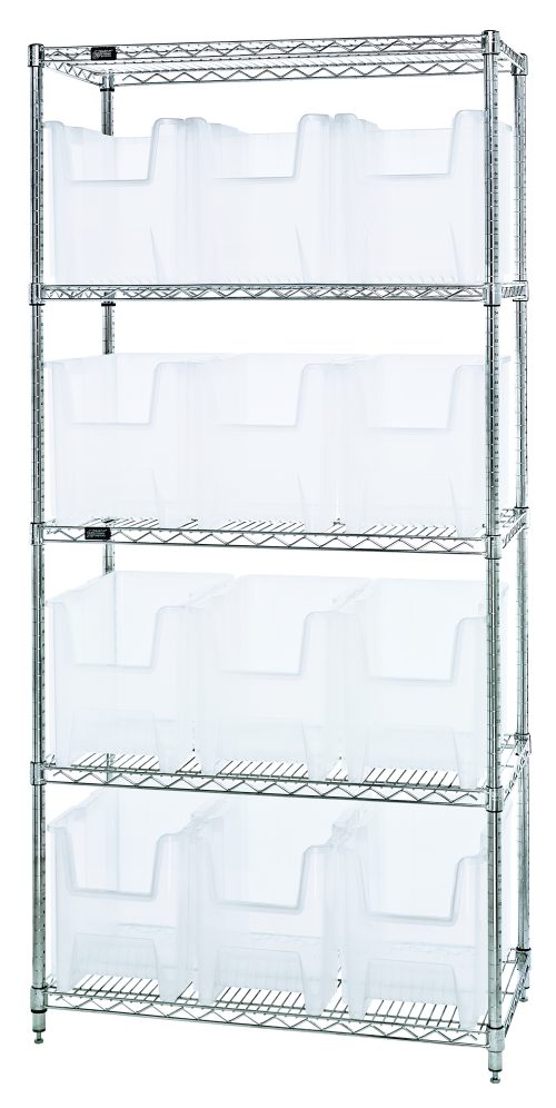 The Quantum Bin Wire Shelving System, 36W x 18D x 74H, features five shelves and twelve QGH600 clear bins. It has a chrome-plated finish, adjustable feet, and supports up to 800 lbs per shelf. Shipped KD for easy assembly.