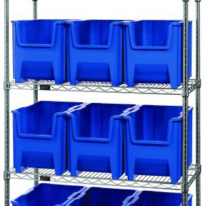 The Quantum Bin Wire Shelving System measures 36W x 18D x 74H, supports 800 lbs per shelf, includes five chrome-plated shelves and twelve identical QGH600 blue bins, shipped knocked down.