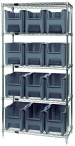 The Quantum Bin Wire Shelving System, with a chrome-plated finish, features five shelves and twelve top-open gray bins. It supports 800 lbs per shelf, offering robust durability and excellent organization for heavy-duty storage. Shipped KD in dimensions 36W x 18D x 74H.