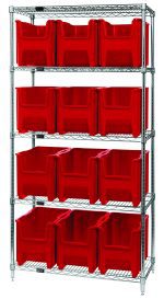 The Quantum Bin Wire Shelving System, measuring 36W x 18D x 74H, has a chrome-plated finish and supports up to 800 lbs per shelf. It includes five shelves and twelve uniform QGH600 red bins, reflecting a simple industrial design. The system ships KD for convenience.