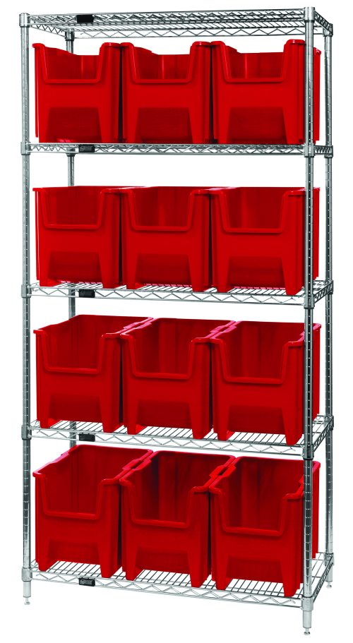 The Quantum Bin Wire Shelving System, measuring 36W x 18D x 74H, has a chrome-plated finish and supports up to 800 lbs per shelf. It includes five shelves and twelve uniform QGH600 red bins, reflecting a simple industrial design. The system ships KD for convenience.