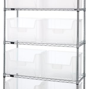 The Quantum Bin Wire Shelving System measures 42W x 18D x 74H, supports 800 lbs per shelf, and includes five chrome-plated shelves plus eight QGH700 clear bins. Its minimalist design is ideal for organizing in various settings. Shipped KD.