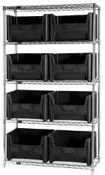 The Quantum Bin Wire Shelving System measures 42W x 18D x 74H, with each of its five shelves supporting up to 800 lbs. It includes eight QGH700 black bins, features a chrome-plated finish, and is shipped KD.