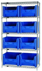 The Quantum Bin Wire Shelving System, measuring 42W x 18D x 74H, supports 800 lbs per shelf and includes five shelves and eight QGH700 blue bins. Chrome-plated for a sleek look, it is shipped knocked down (KD) for easy assembly.