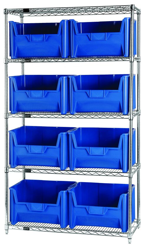 The Quantum Bin Wire Shelving System, measuring 42W x 18D x 74H, supports 800 lbs per shelf and includes five shelves and eight QGH700 blue bins. Chrome-plated for a sleek look, it is shipped knocked down (KD) for easy assembly.