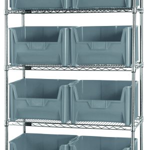 The Quantum Bin Wire Shelving System, 42W x 18D x 74H, chrome plated with five shelves and eight QGH700 gray bins, has an 800 lbs load capacity per shelf and is ideal for organizing items. It arrives knocked down (Kd) for assembly.