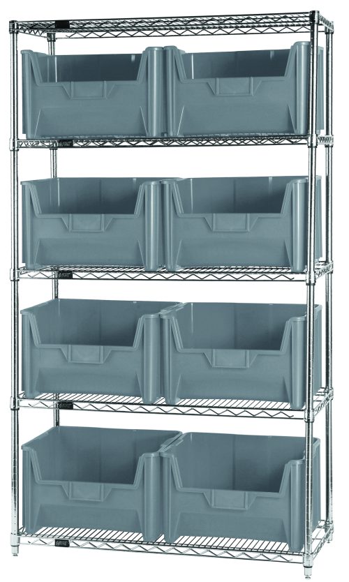 WR5-700_GY.jpg The Quantum Bin Wire Shelving System, 42W x 18D x 74H, chrome plated with five shelves and eight QGH700 gray bins, has an 800 lbs load capacity per shelf and is ideal for organizing items. It arrives knocked down (Kd) for assembly.