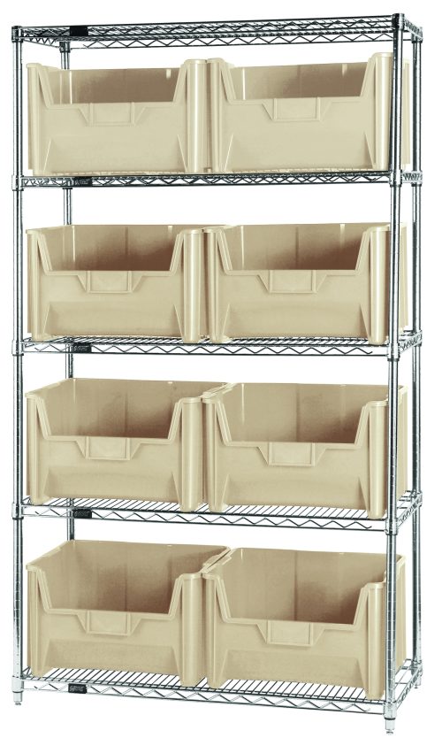 The Quantum Bin Wire Shelving System, with dimensions 42W x 18D x 74H and a chrome plated finish, has five shelves each supporting up to 800 lbs and includes eight clear QGH700 bins. It is shipped KD for easy assembly.