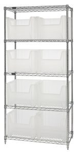 The Quantum Bin Wire Shelving System, measuring 36W x 18D x 74H with a chrome-plated finish, features five wire mesh shelves supported by sturdy poles. Equipped with eight QGH800 clear bins, it is shipped KD and has an 800 lbs load capacity per shelf.