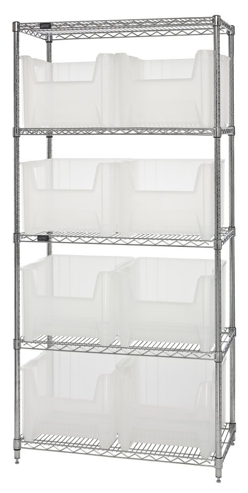 The Quantum Bin Wire Shelving System, measuring 36W x 18D x 74H with a chrome-plated finish, features five wire mesh shelves supported by sturdy poles. Equipped with eight QGH800 clear bins, it is shipped KD and has an 800 lbs load capacity per shelf.