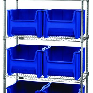 The Quantum Bin Wire Shelving System, 36W x 18D x 74H, supports up to 800 lbs per shelf and includes five chrome-plated shelves with eight large QGH800 blue bins. Its open-front design ensures easy access, making it ideal for storage and organization.